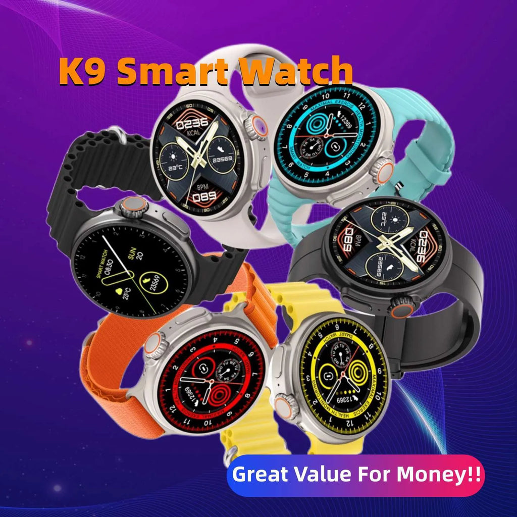K9 smart watch with circular screen showing health metrics and payment functions on silicone strap