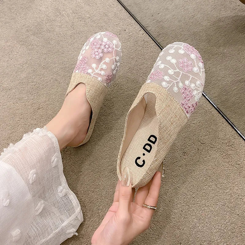 Gold low heel flat slip-on sandals with mesh upper and hollow toe box