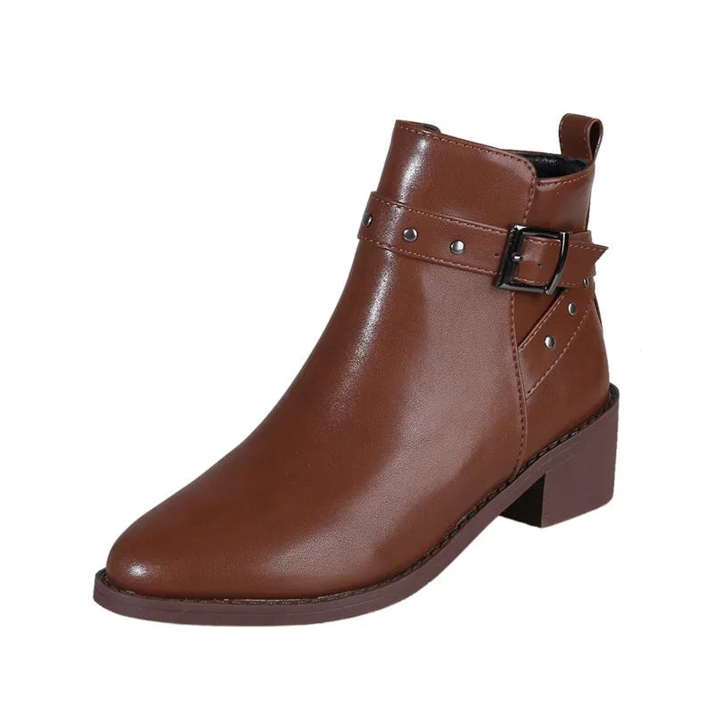 Retro chunky heel martin boots with studded buckle, pointed toe, black faux leather, size 36-42