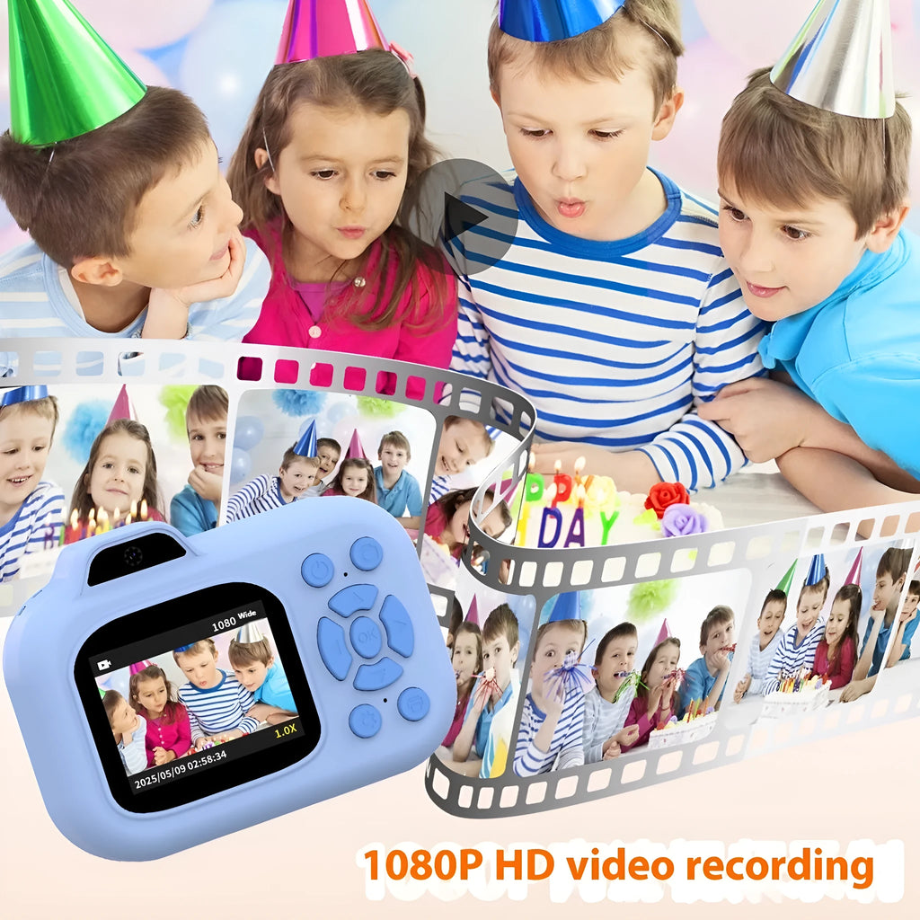 Children's camera in blue, pink, or purple with video recording, photography, games, and MP3 functions