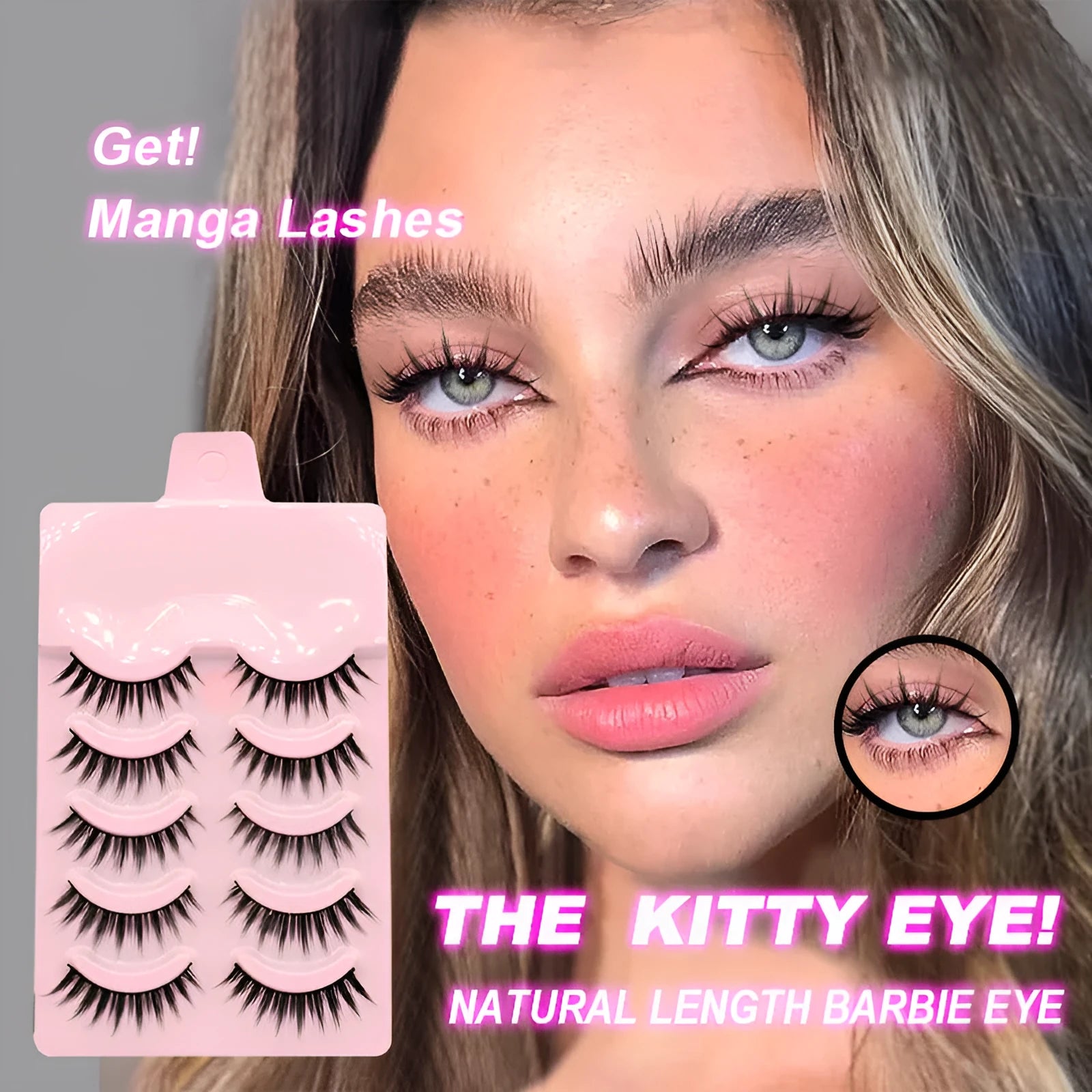 Set of manga style false eyelashes showing three wispy designs on a plastic black terrier base.