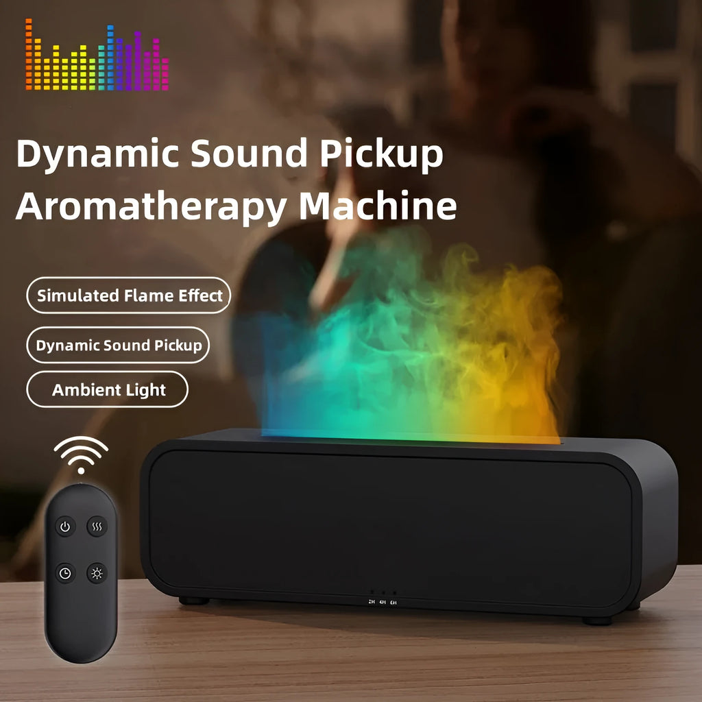 Black and white aromatherapy diffuser with flame LED effect and remote control on wooden surface