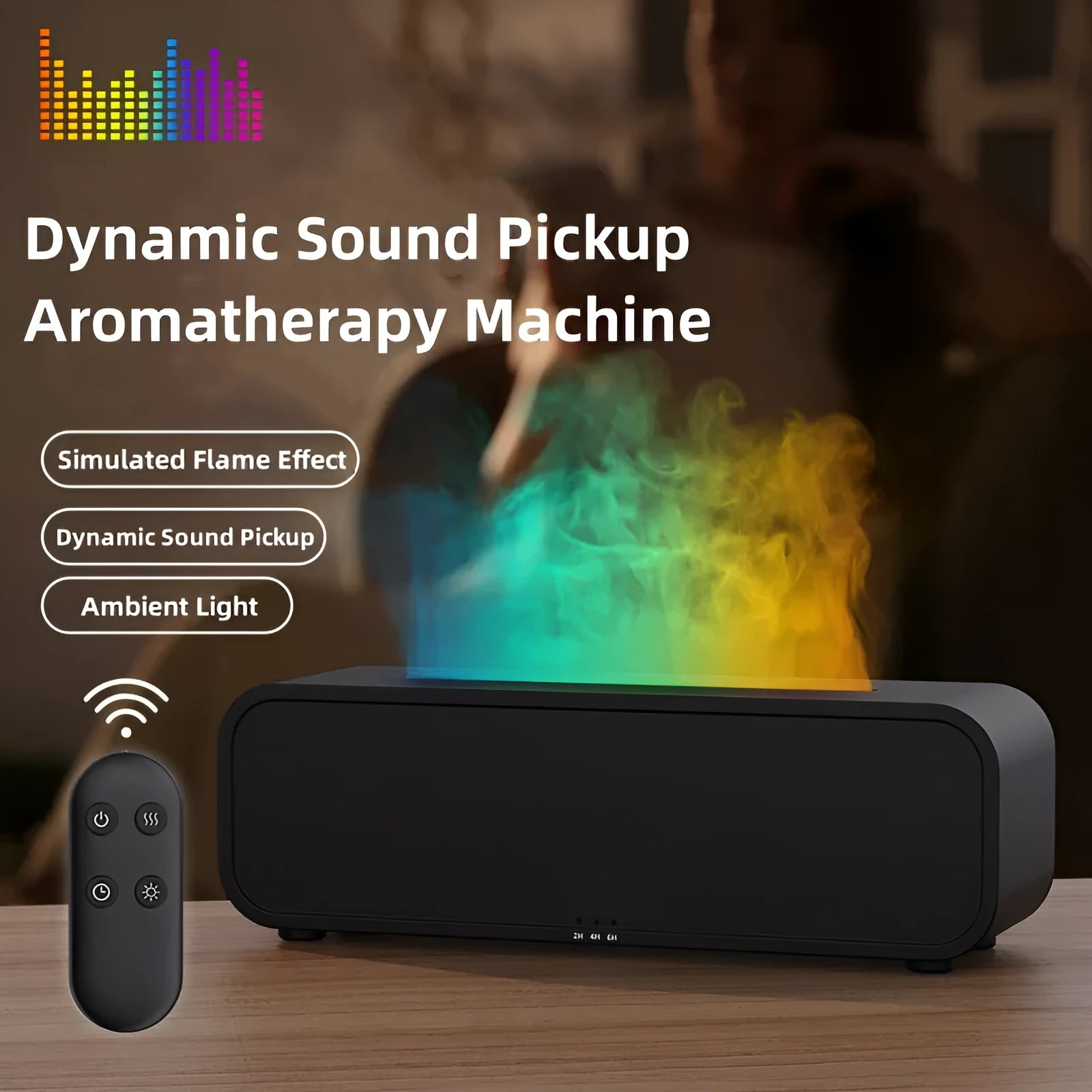 Black and white aromatherapy diffuser with flame LED effect and remote control on wooden surface
