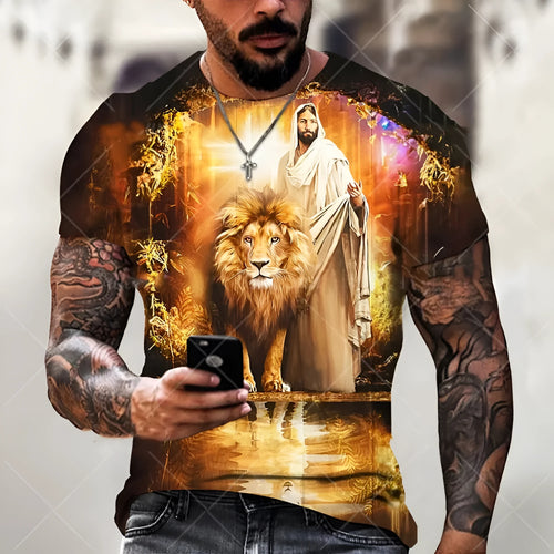 Men's grey t-shirt featuring a 3D printed Jesus pattern on the chest, made from polyester bird eye cloth.