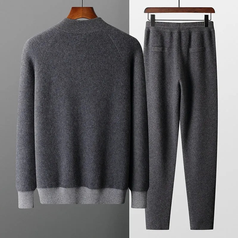 Men's navy blue cashmere blend sports cardigan suit with half turtleneck zipper and matching trousers