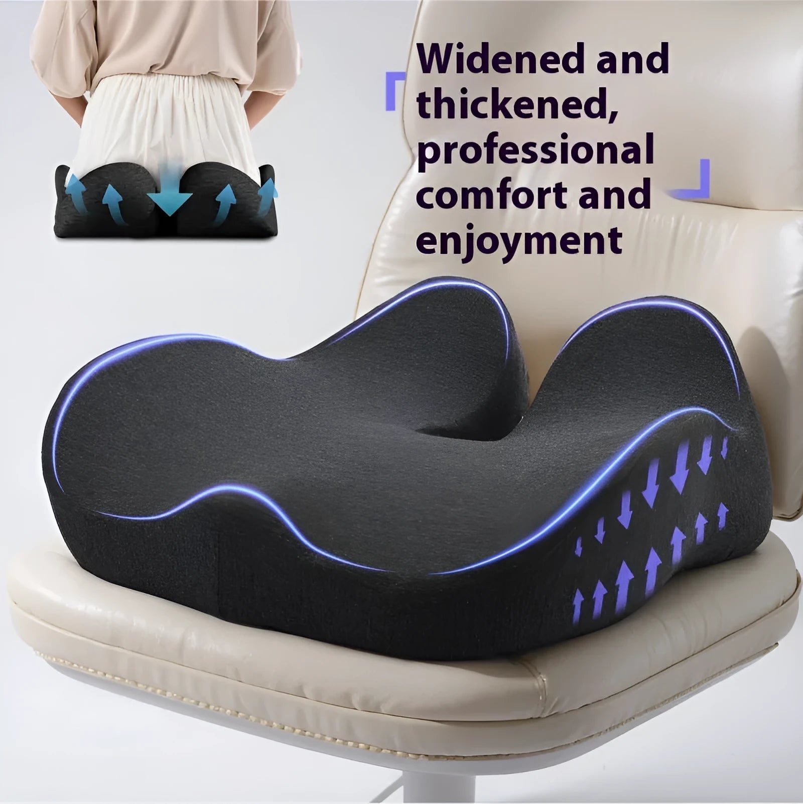 Grey memory foam office chair cushion measuring 46x43x12cm on a chair.