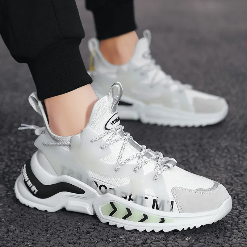Men's high top sneakers in white with PU and mesh upper, hollow-out details, and thick sole