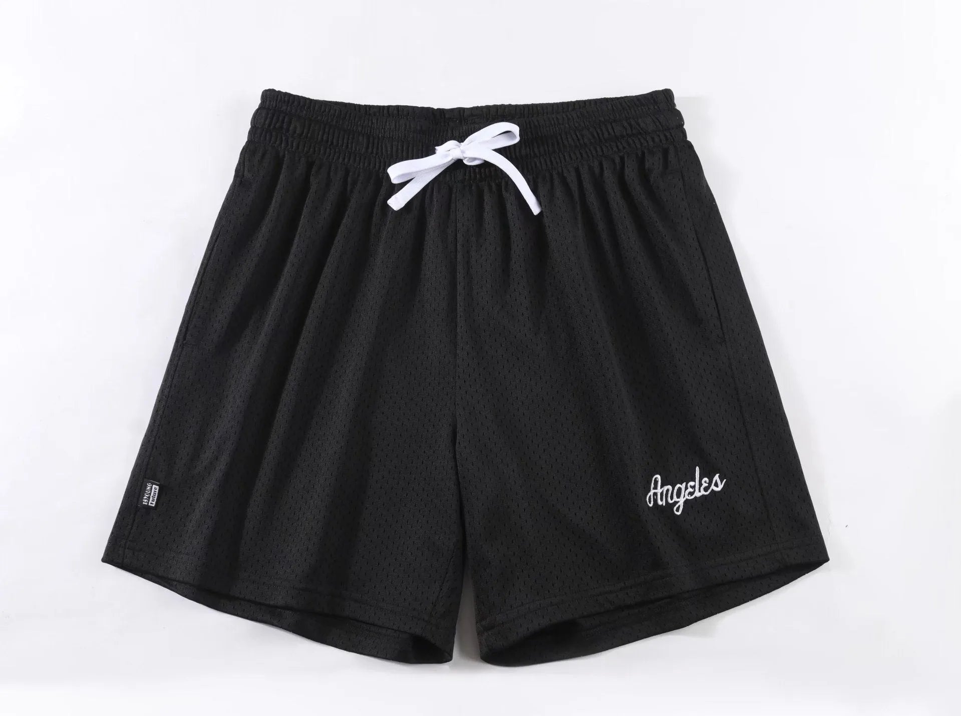 Men's black double-layer mesh sport shorts made from polyester fabric.