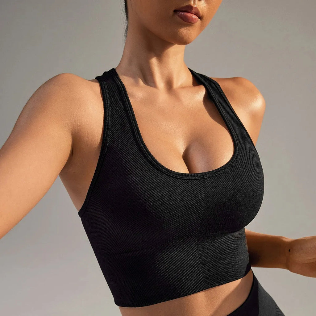 Black quick-drying breathable sports yoga vest bra with cross beauty back and fixed double straps for women
