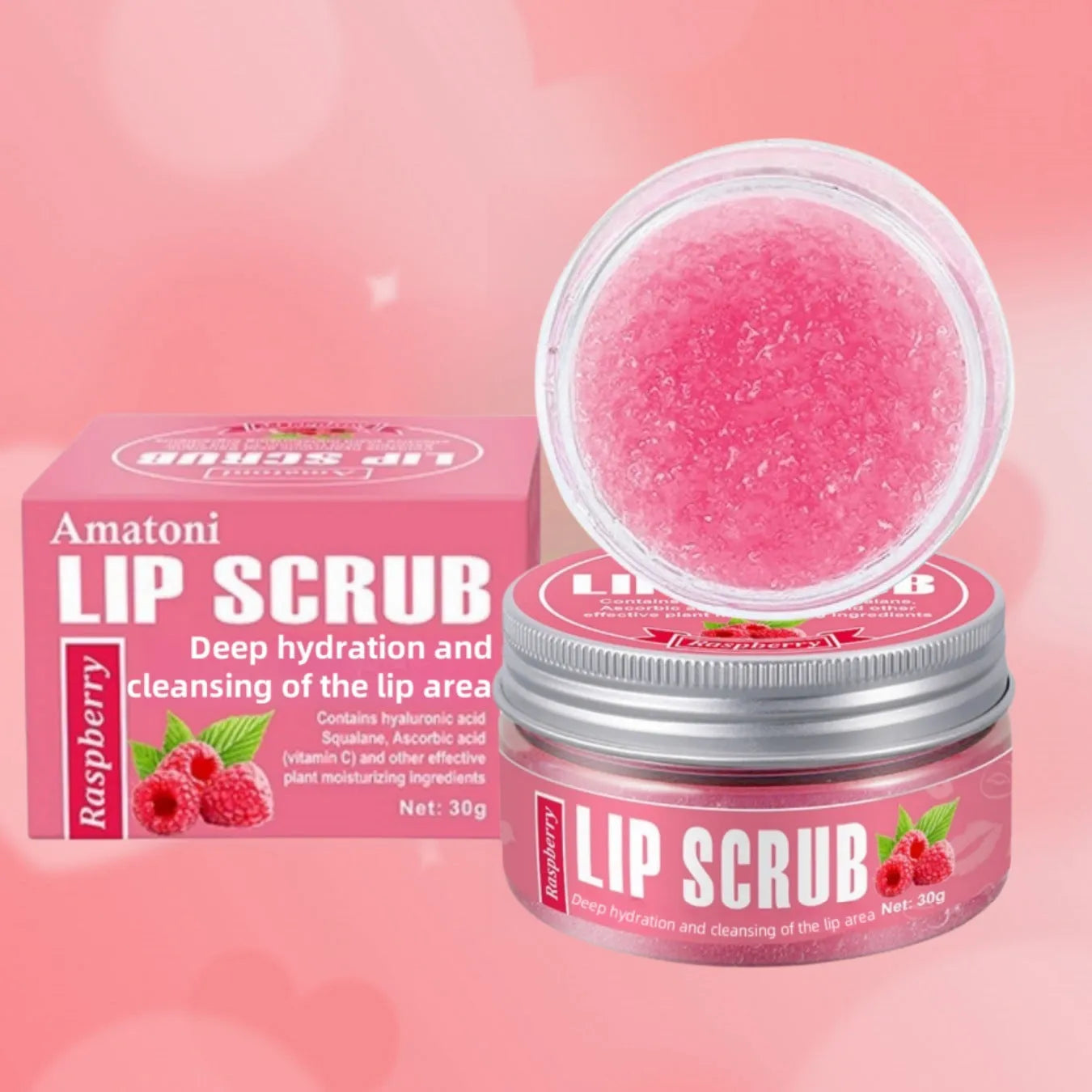 Amatoni fruit flavour lip scrub cream jar in choice of Coconut, Raspberry, Vanilla, or Watermelon, 30g.