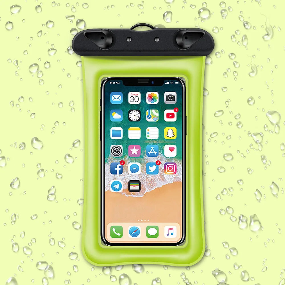 Clear double airbag waterproof phone pouch with orange lanyard on a blue background.