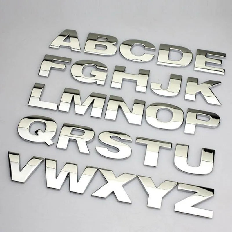 Zinc alloy metal car sticker with 3D raised English letter measuring 2.5cm in black finish