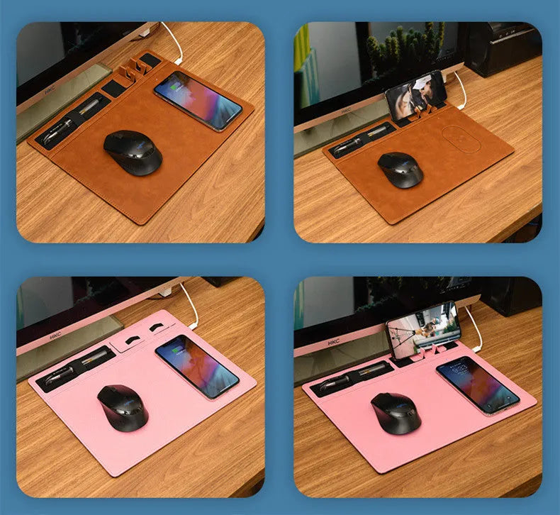 Wireless charging gaming mouse pad with integrated phone holder showing black colour option