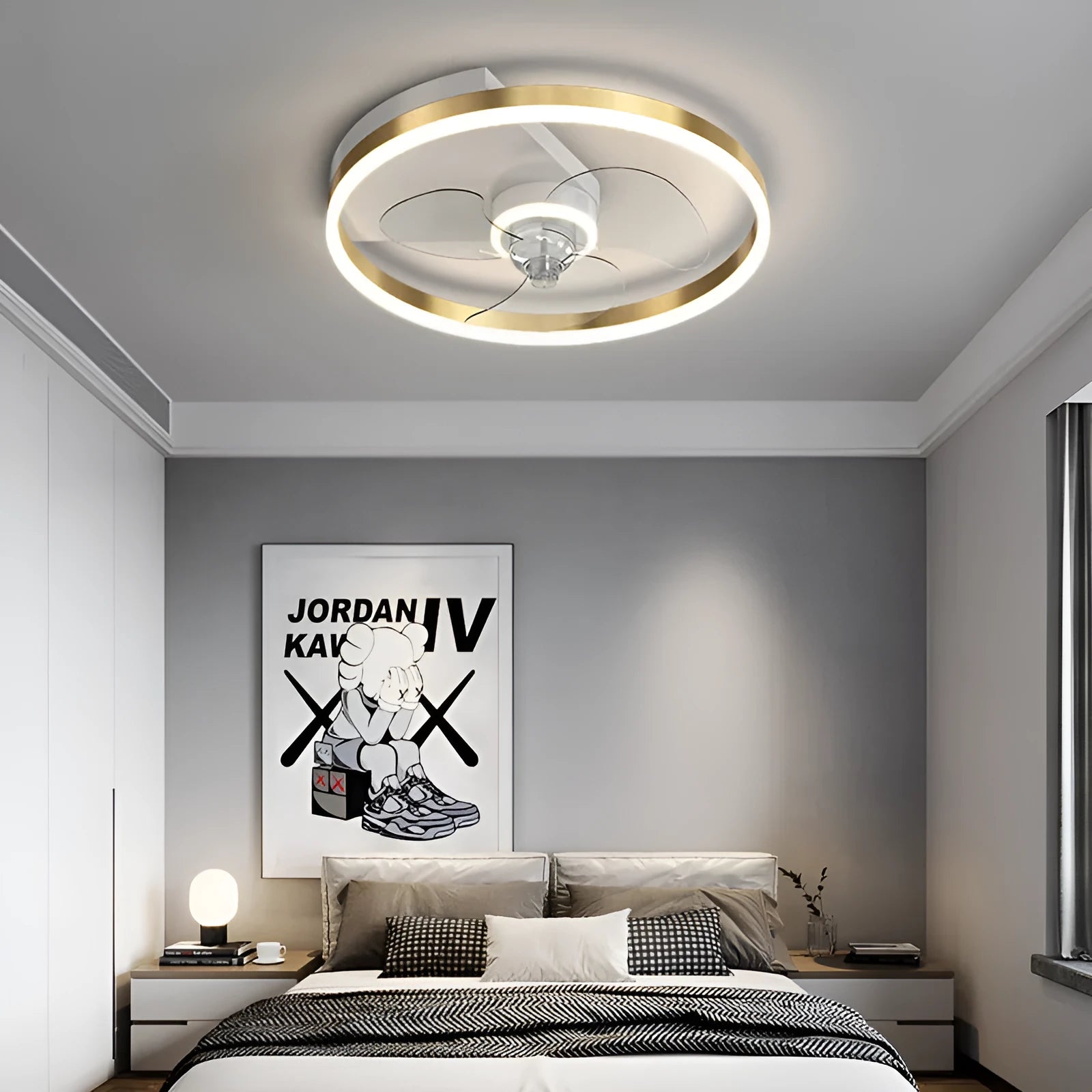 Modern simple Nordic design white LED ceiling lamp for a child's bedroom.