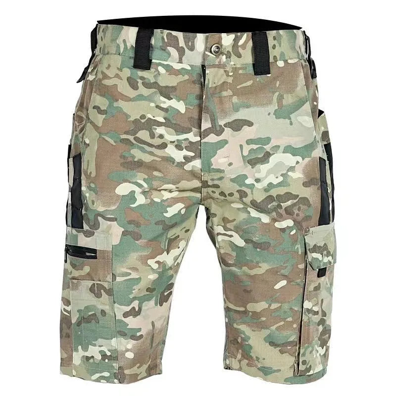 Elastic waist camouflage shorts available in multiple patterns including dark night and CP camouflage