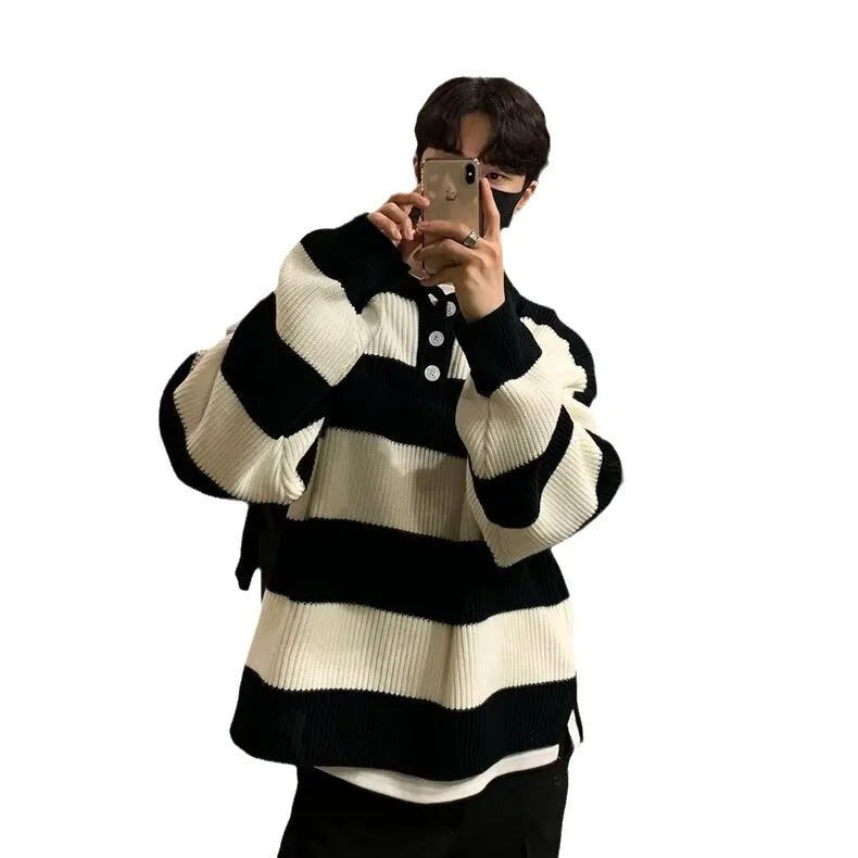 Men's loose fit striped pullover sweater coat in black and grey colours