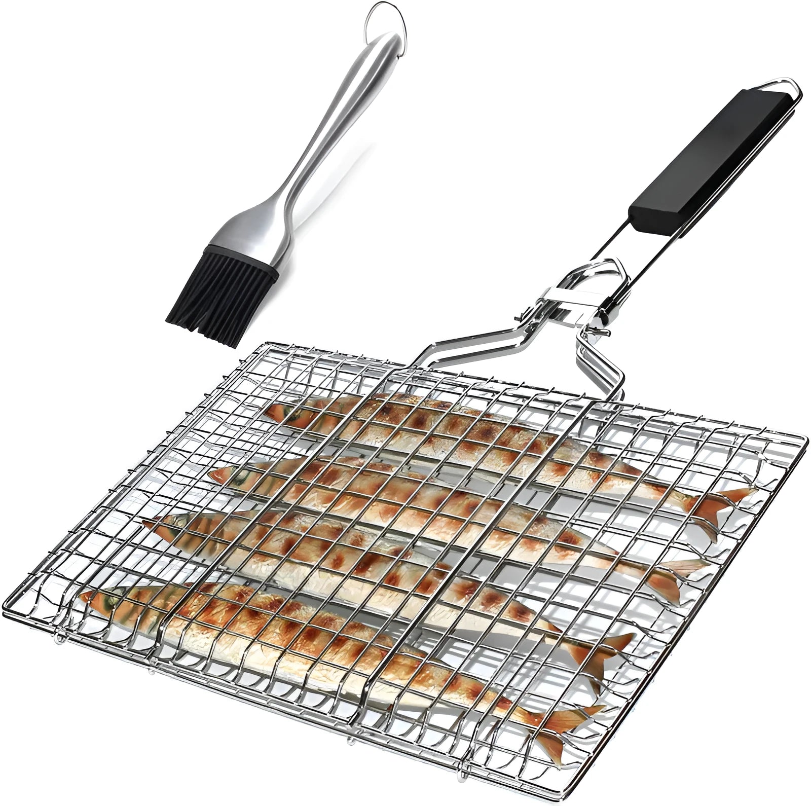Square stainless steel folding barbecue grill mesh basket with a wire brush