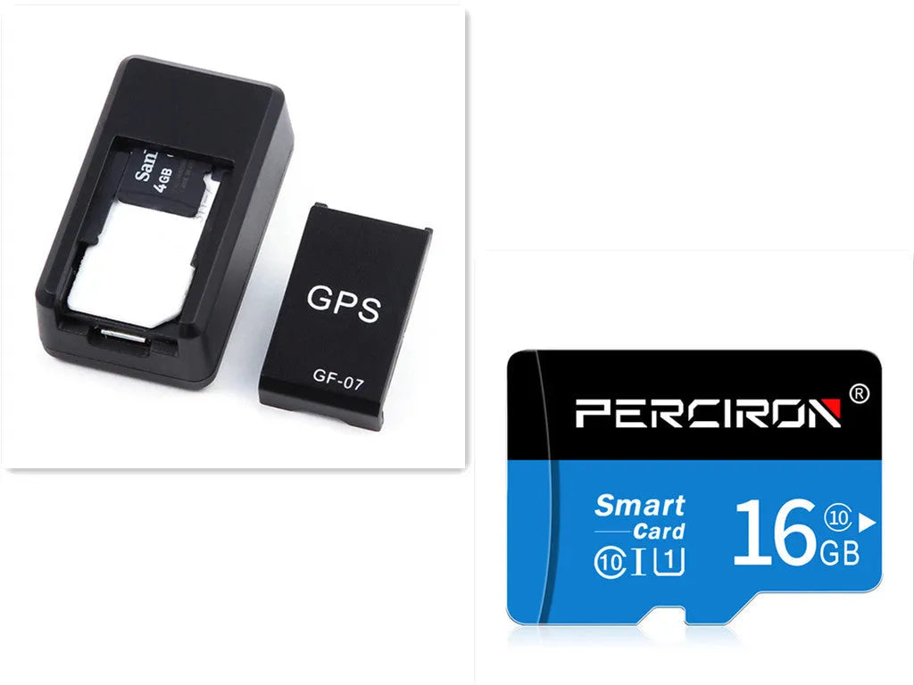 Small black magnetic GPS tracker device next to a USB charging cable on a table.