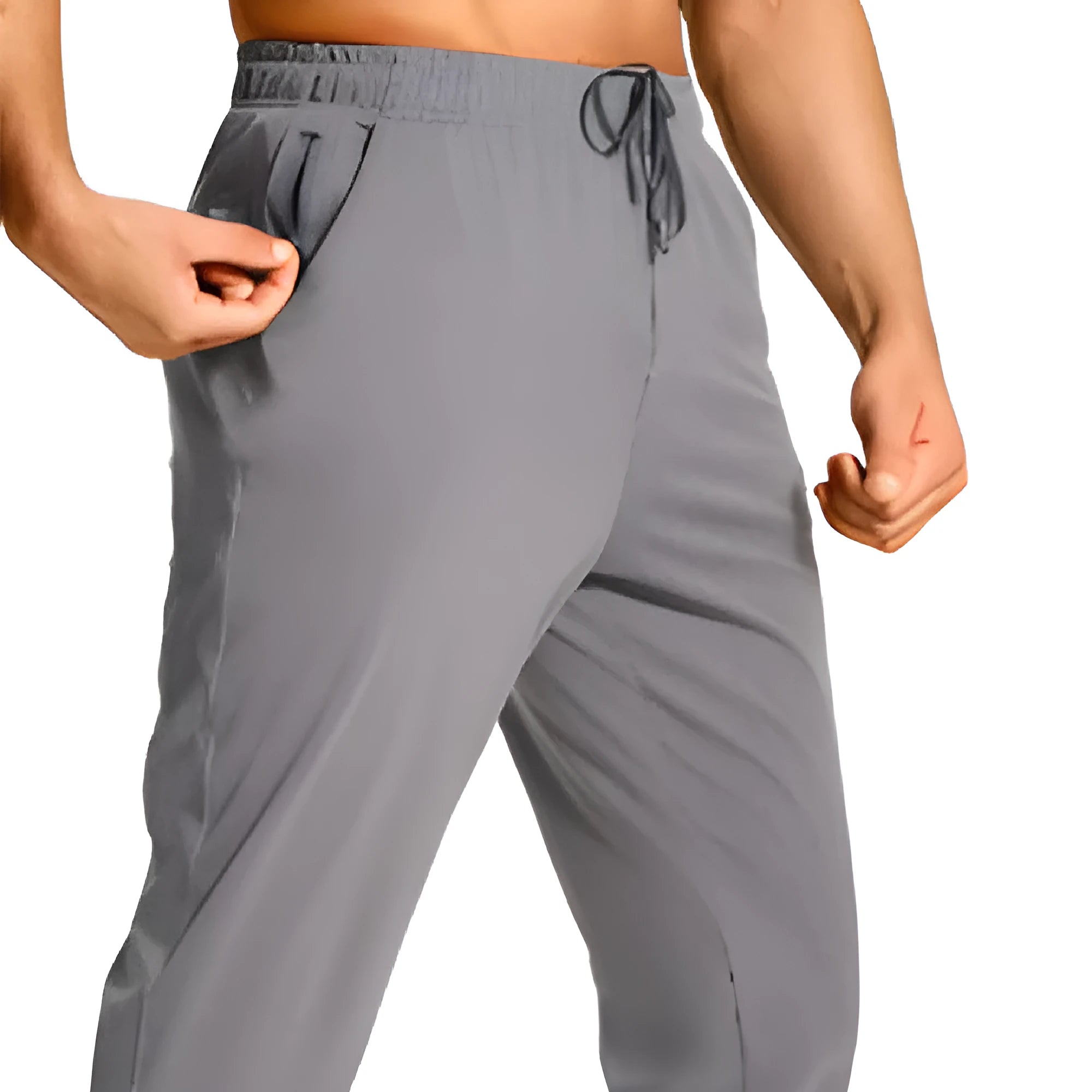 Men's loose fit casual trousers in solid colour polyester fabric showing relaxed cut and casual styling