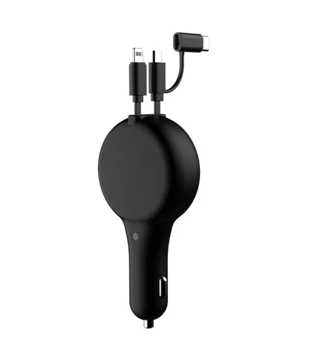 Black retractable car charger with extended USB-A and Type-C cables plugged into a car dashboard.