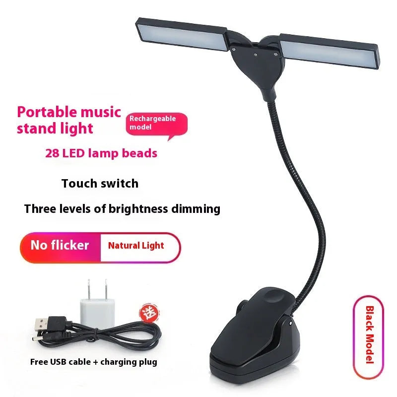 Black rechargeable music stand lamp with 28 LEDs clipped to a metal stand.
