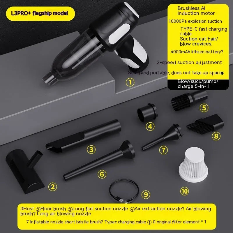 Handheld car vacuum cleaner with nozzle attachments in black, white, or grey colours
