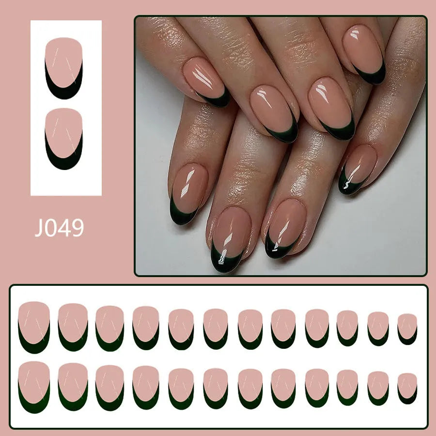 Black French style false nails with short almond shape, 24 piece nail art set
