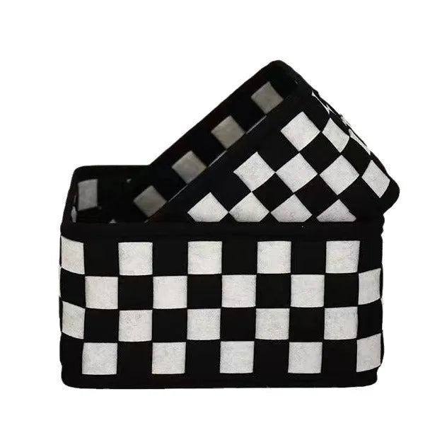 Checkerboard patterned grey felt folding storage basket with open top