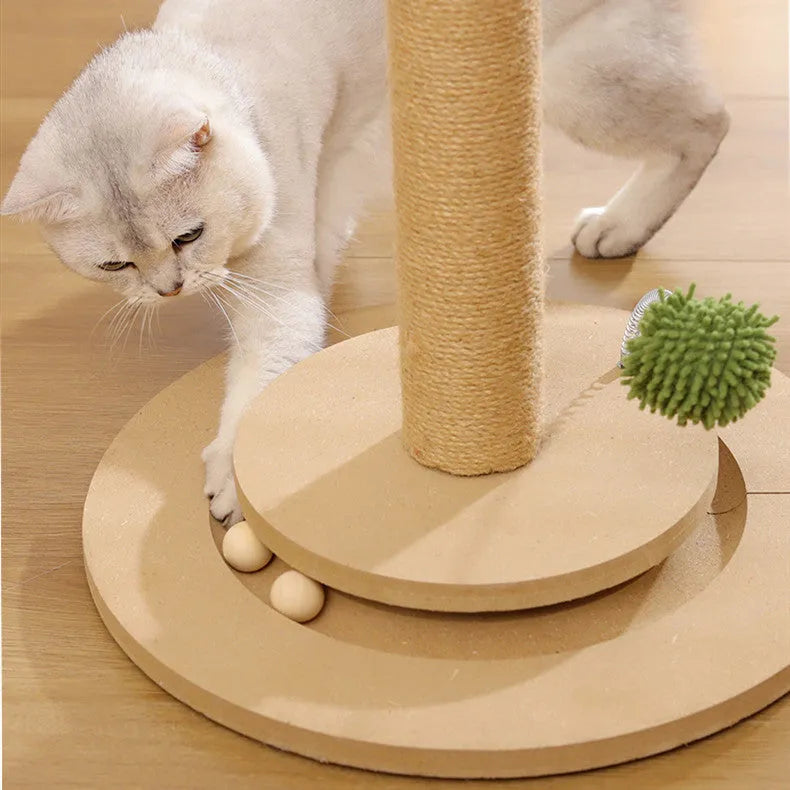 Tall vertical cat scratching post with natural hemp rope wound around a canna-coloured density board column.