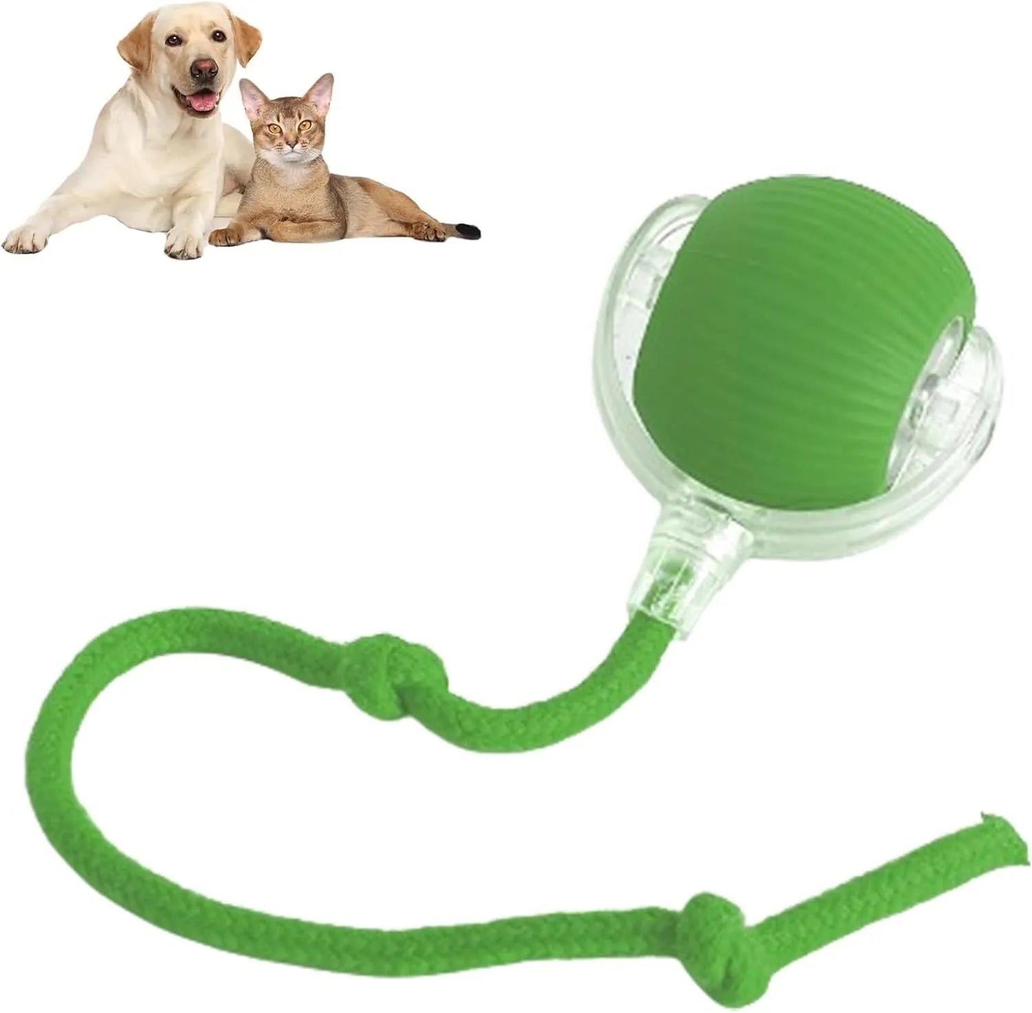 Grey interactive rolling ball pet toy with rope attachment measuring 6.5cm