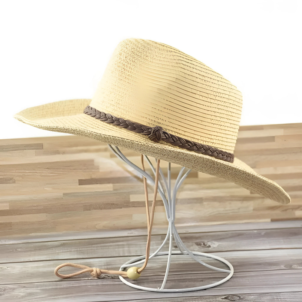 Men's foldable straw sun hat with big brim in mixed beige colour