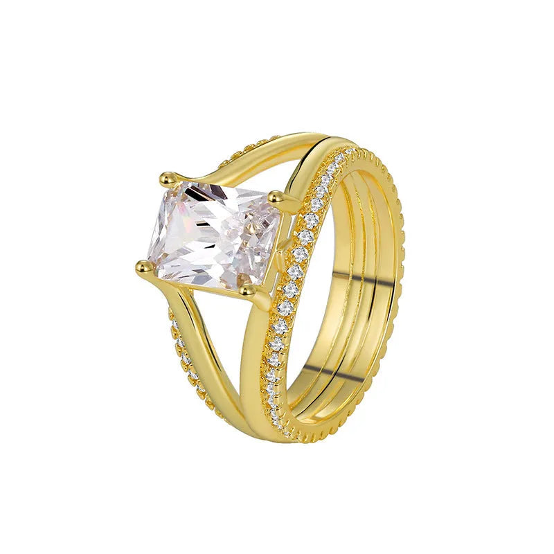 Geometric women's ring with square zircon stone and gold electroplated finish on copper