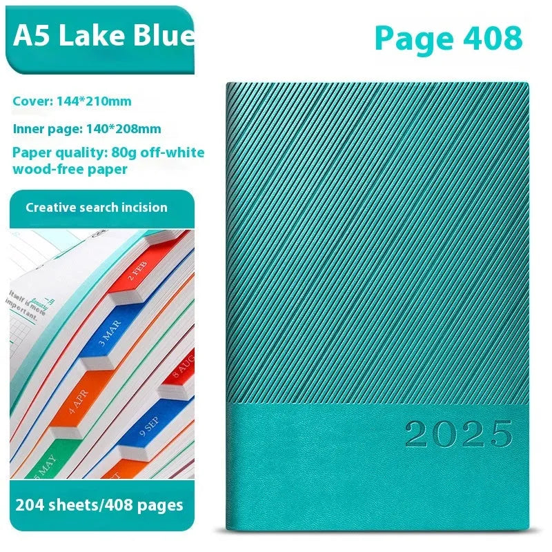 A5 business notepad with striped PU leather cover showing eight colour options open to reveal thick paper