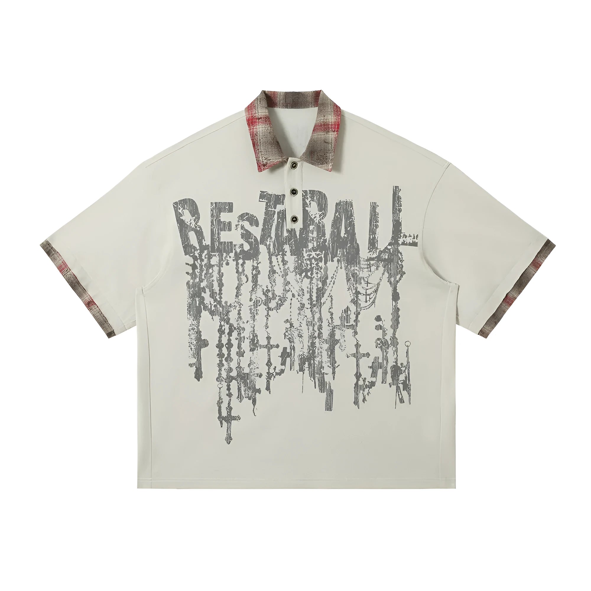 Men's loose blue cotton short-sleeved top with a graffiti print on the lapel.