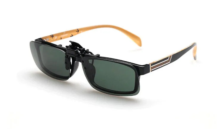 Plastic clip-on sunglasses overlay for prescription glasses, shown in large size with grey tinted lens.