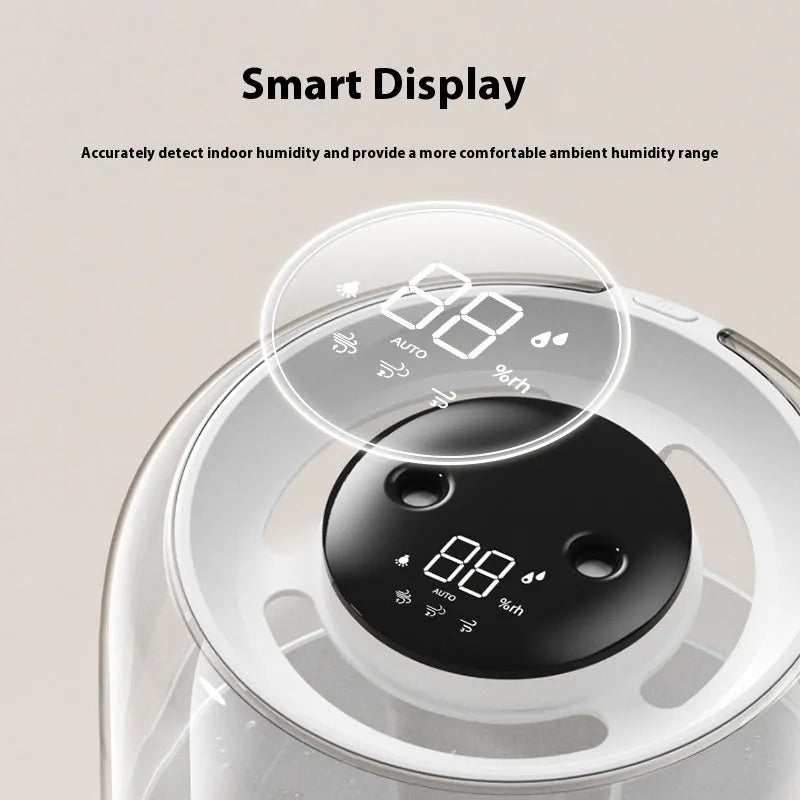 Round beige USB-powered humidifier with dual spray nozzles, a front display, and control gear.
