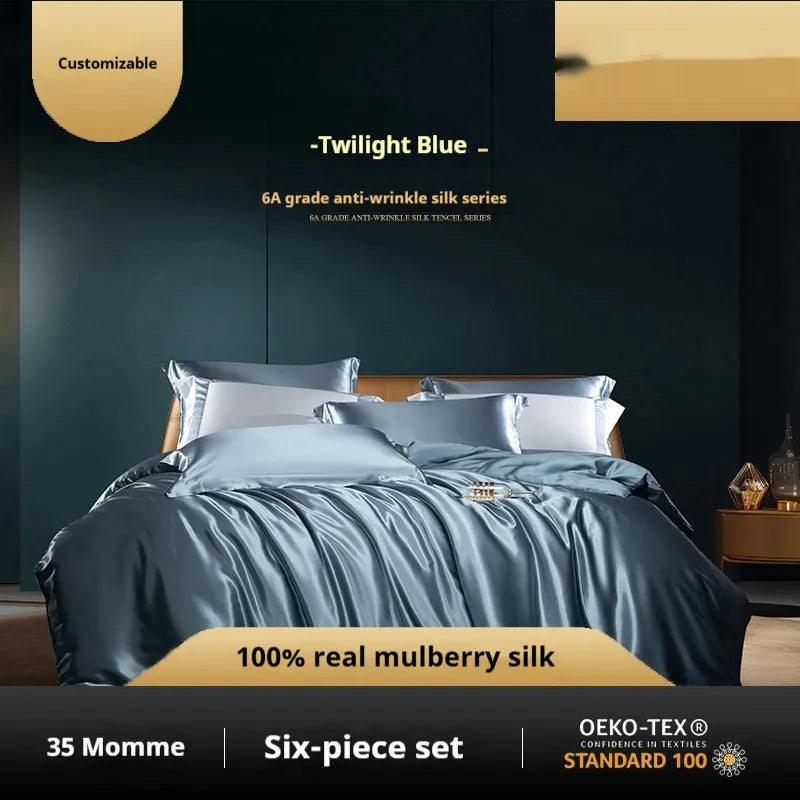 Household Fashion solid colour silk duvet cover and pillowcases on a bed, showing concealed zip detail.