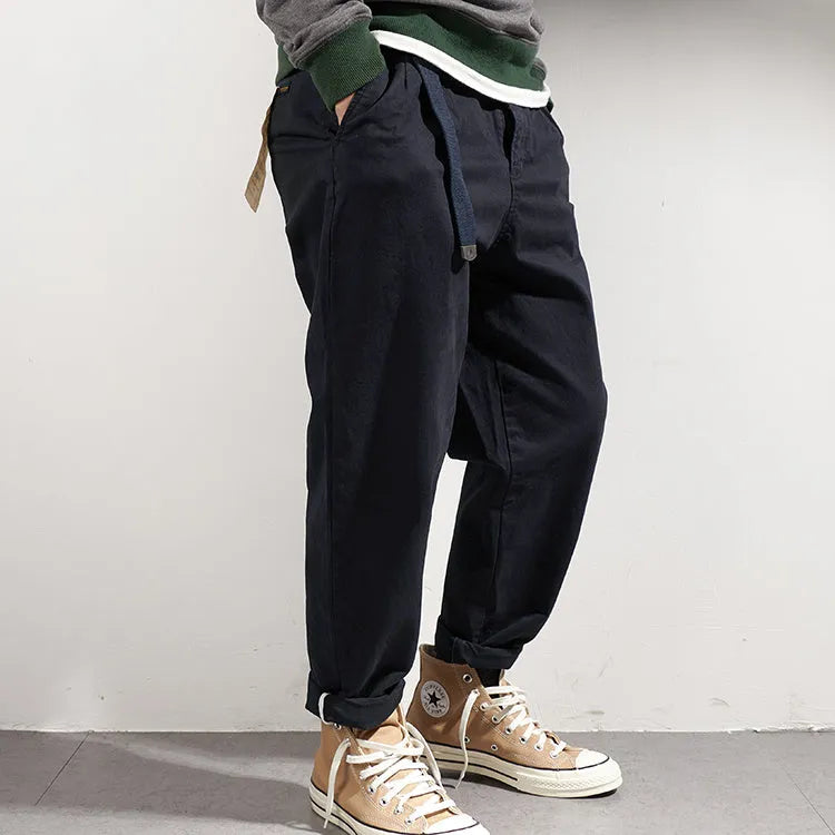 Men's Japanese retro loose tapered casual trousers in dark blue, wool blend fabric