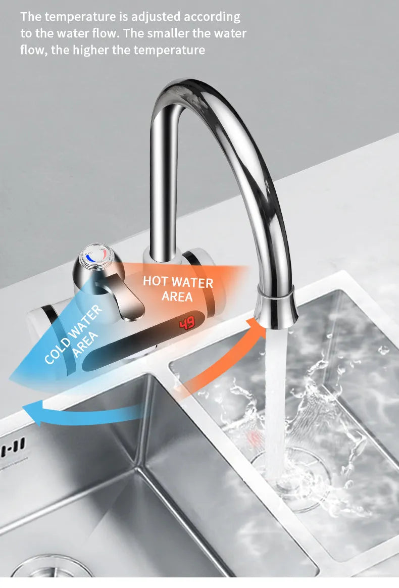 White electric instant water heater with digital display for kitchen sink installation.