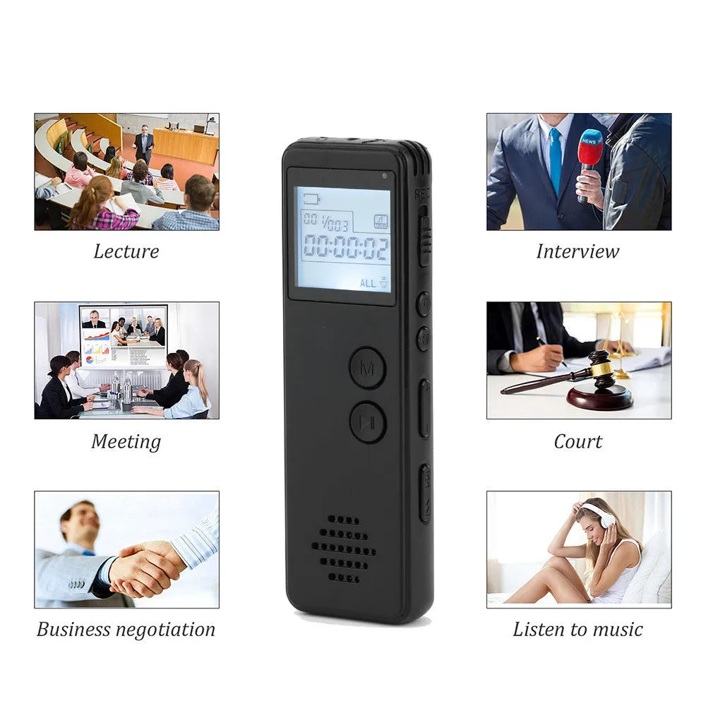 Black matte-finish digital voice recorder with screen, shown next to a memory card and USB cable.