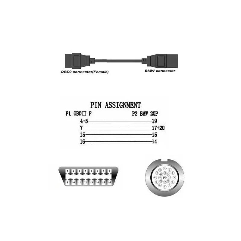 OBD2 diagnostic adapter cable with BMW 20-pin male connector and standard 16-pin female OBD2 socket