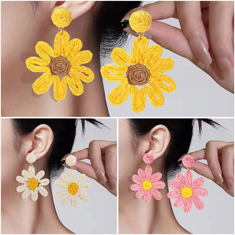 Handmade silver needle earrings for women, flower shape with rhinestones, bohemian pastoral style, available in beige pink and yellow