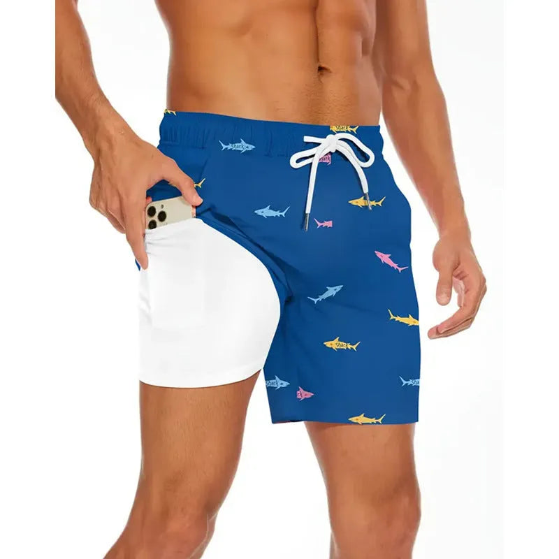 Men's loose fit casual beach trousers in lightweight polyester fabric on a plain background