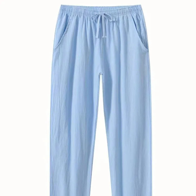 Man's loose-fitting cotton linen casual beach pants in solid khaki colour
