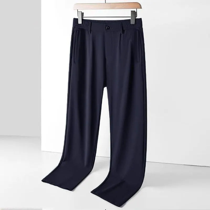 Men's straight-leg ice silk trousers in a loose fit with an elasticated waist, shown in black.