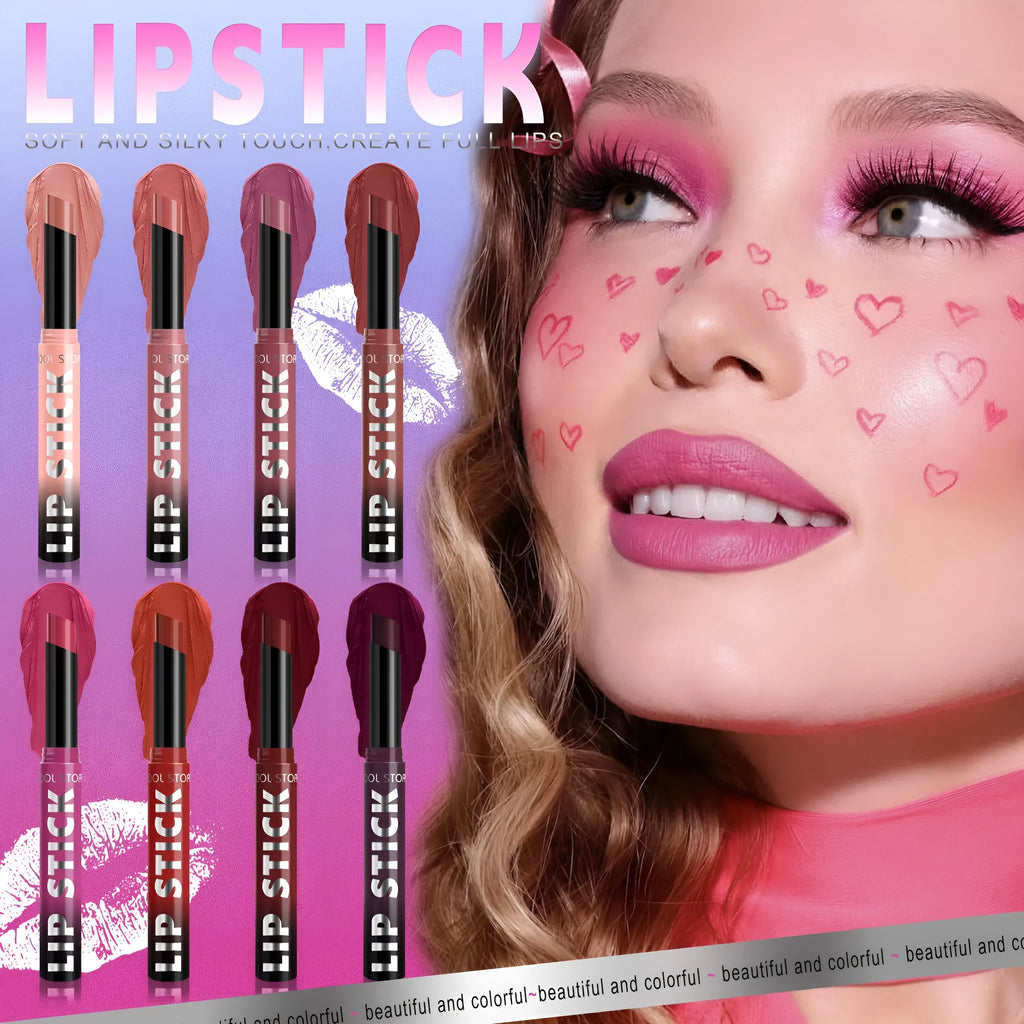 Dual-use lipstick stick with light gloss finish in eight shades including nude and berry tones
