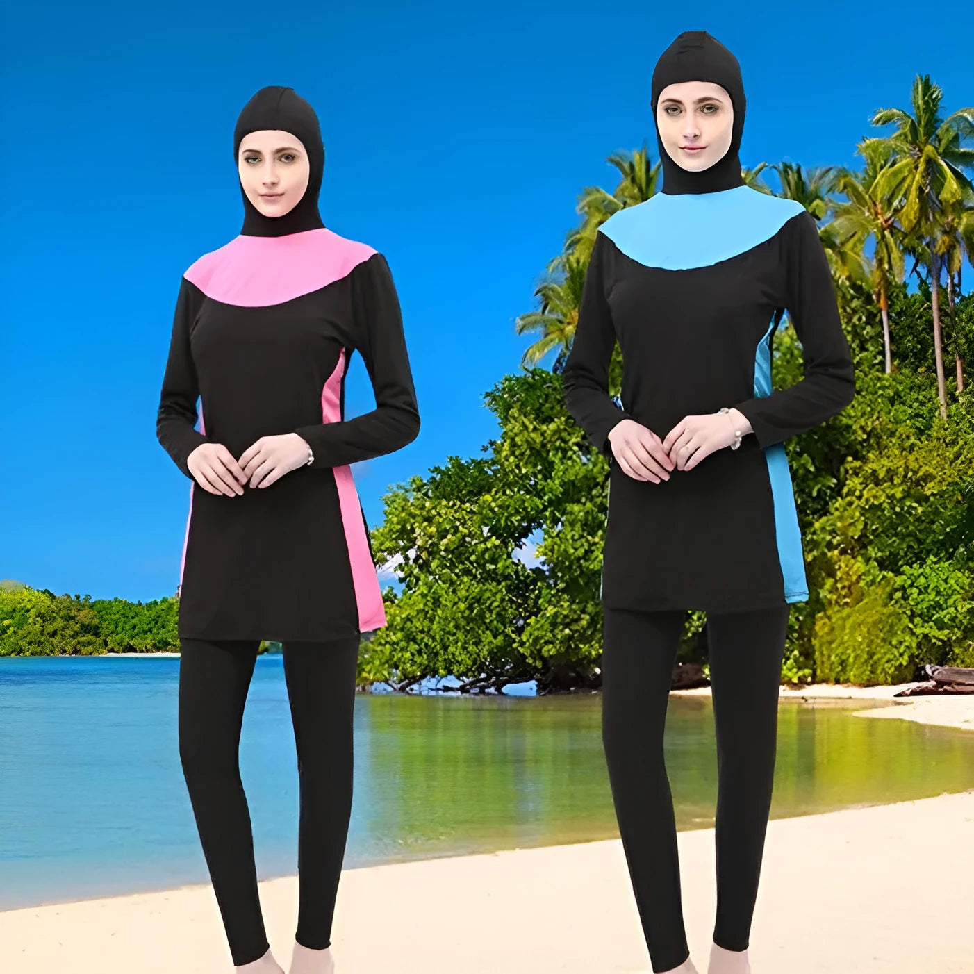 Women's black long sleeve hooded swimsuit with rose red trim, shown as a two-piece set for swimming.