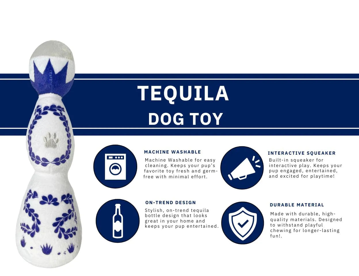 Red and white tequila bottle plush dog toy with squeaker, 26cm tall