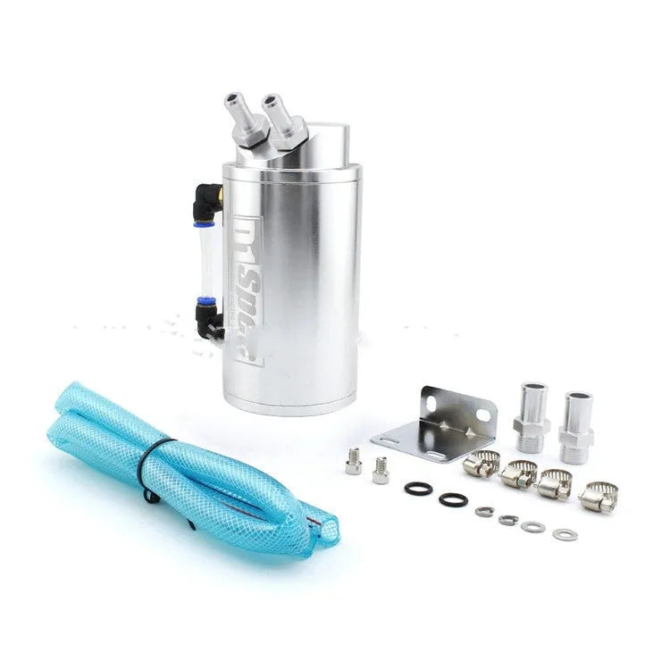 Car modification oil catch tank in choice of black, blue, red, or silver colour with square or round design