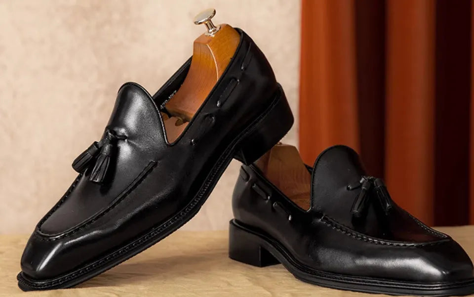 Men's black and brown genuine leather slip-on loafers with British style design
